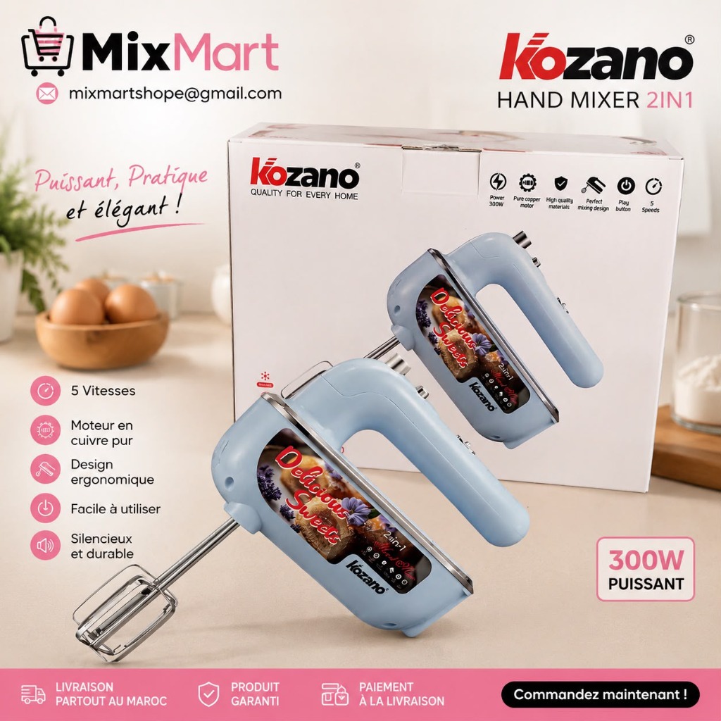 Batteur Électrique à Main 2-en-1 Kozano (300W - 5 Vitesses - Moteur Cuivre)