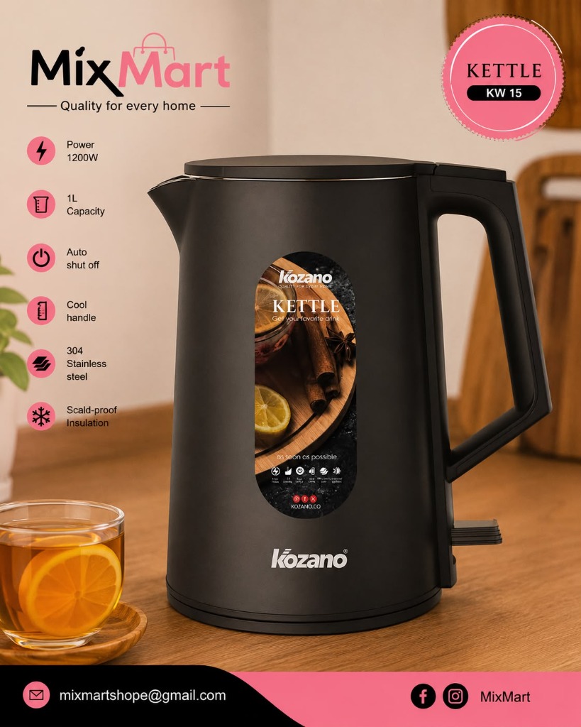 Bouilloire Électrique Double Paroi Kozano KW 15 (1200W - 1L - Inox 304 Noir Mat)