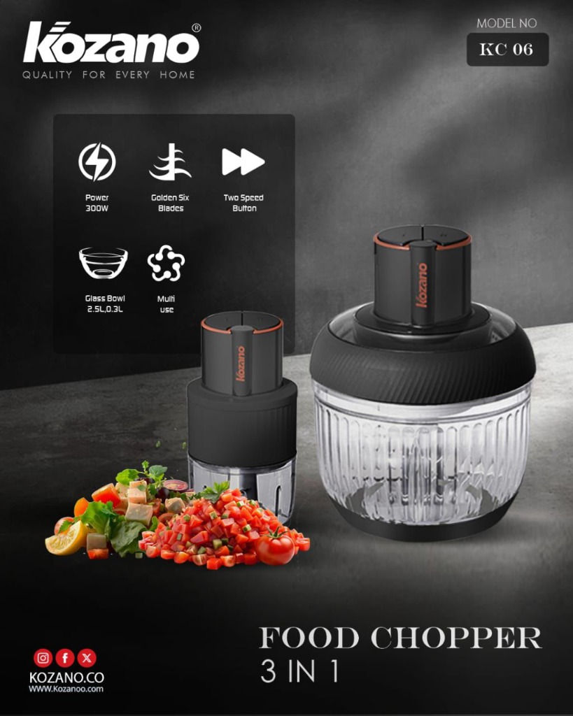 Hachoir Électrique Multifonction 3-en-1 Kozano KC 06 (300W - 6 Lames Golden - 2 Bols Verre 2.5L & 0.3L)
