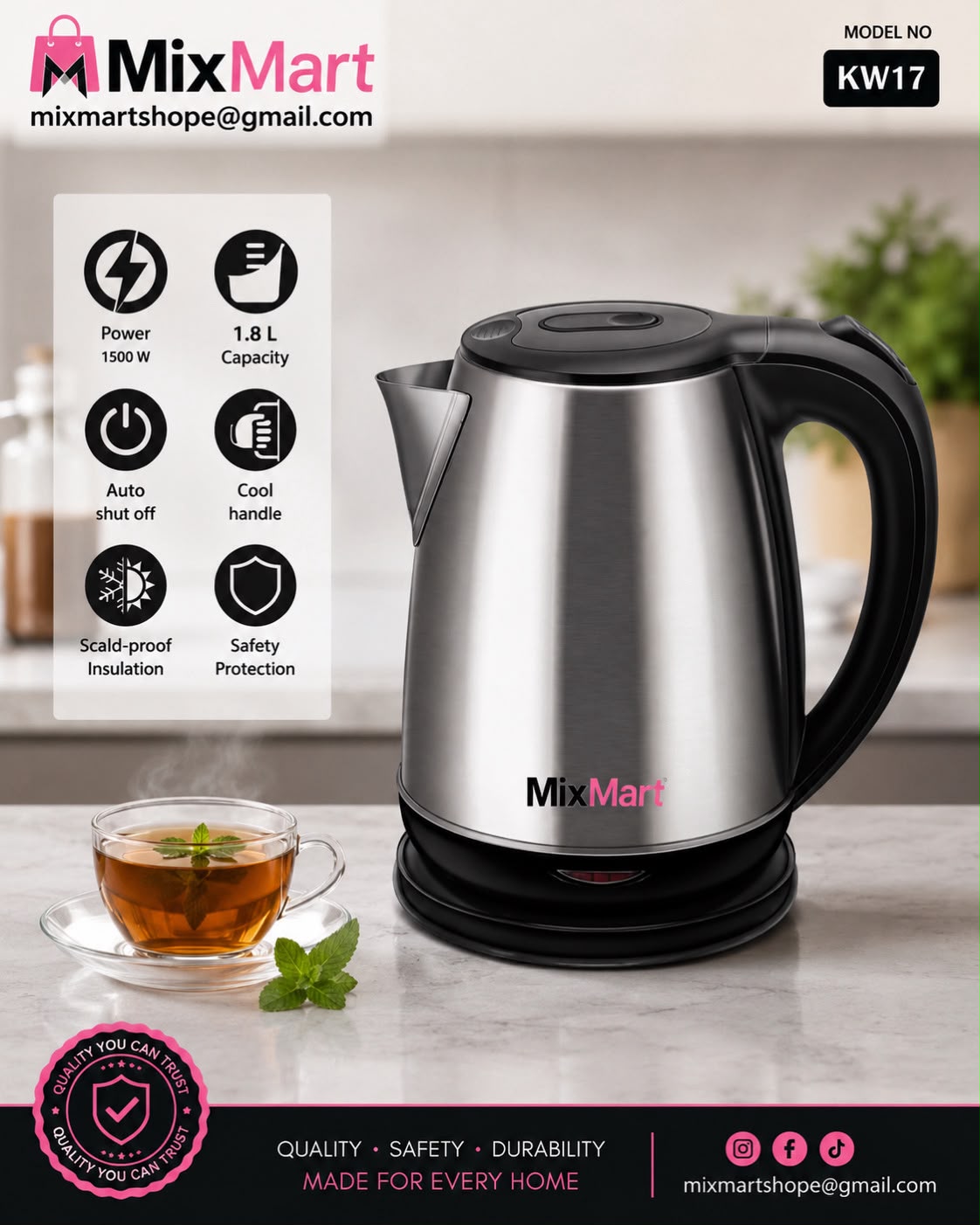 Bouilloire Électrique Inox Kozano KW 17 (Capacité 1.8 Litres)